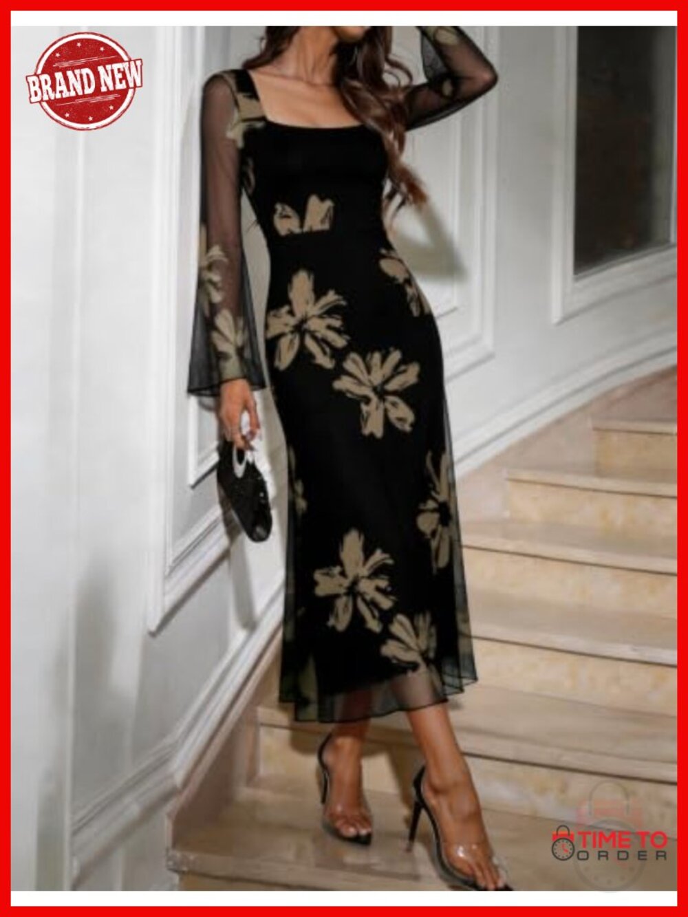Women Floral Mesh Maxi Dress Bodycon Wedding Guest Cocktail Party Dress - Picture 2 of 6
